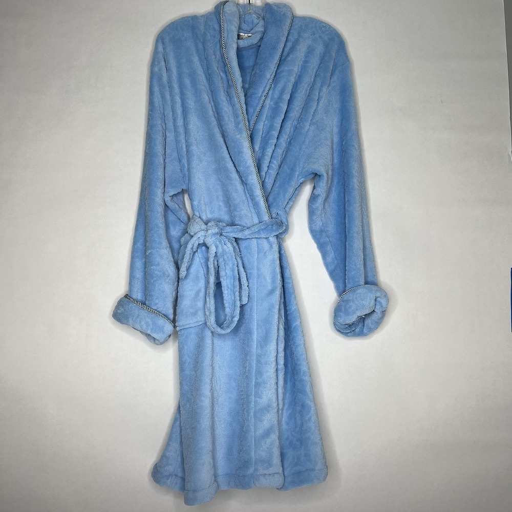 Hotel Spa Collection Robe One Size Belted Loungewear Pockets Blue Plush Coverup